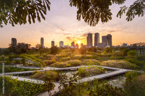 Cityscape at sunset in Benchakitti forest park, Benchakitti Forest Park is new landmark of Bangkok  photo