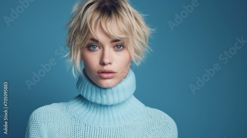Portrait of a young beautiful lady in light blue color knitwear sweater and blue eyes looking at the camera photo