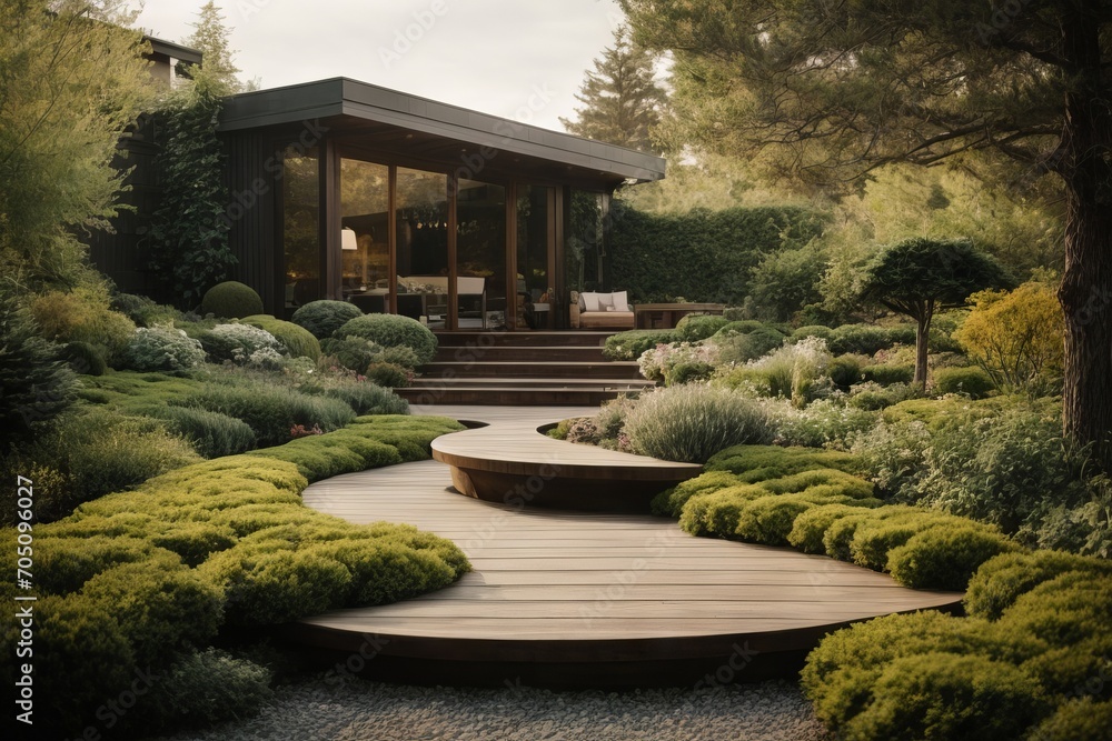 Luxurious landscaping in the home garden with various flowers, plants, shrubs, trees and a wooden path. The front yard of the house, Landscape, landscaping in spring and summer. - obrazy, fototapety, plakaty 