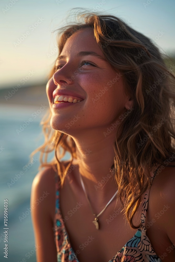 A stunning young woman standing at the peak of a beach. Perfect for travel or vacation themes A stunning young woman standing at the peak of a beach. Perfect for travel or vacation themes