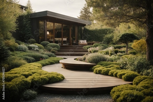 Luxurious landscaping in the home garden with various flowers, plants, shrubs, trees and a wooden path. The front yard of the house, Landscape, landscaping in spring and summer. photo
