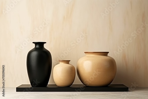 Pots and Vase Black and Beige Colors, Minimal Background