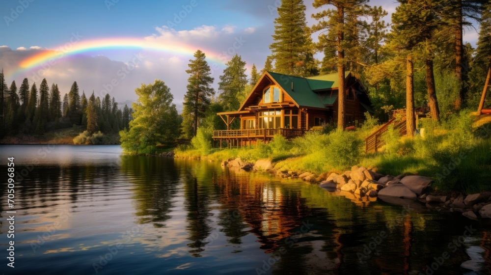 Fototapeta premium A rainbow arching over a serene lakeside cabin