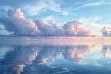 Serene seascape with voluminous clouds reflecting in calm waters during sunrise or sunset.