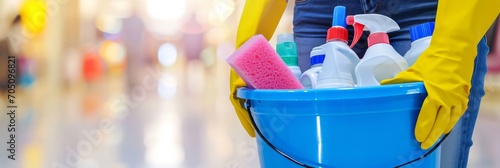 Janitorial Essentials in Blue Bucket.
Close-up of cleaning supplies in a blue bucket held by person.