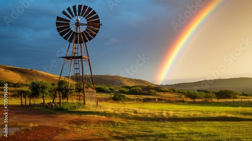 A rainbow emerging from behind a rustic windmill