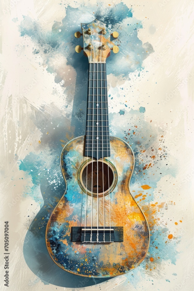 A beautiful watercolor painting depicting an acoustic guitar. This artwork can be used for various purposes