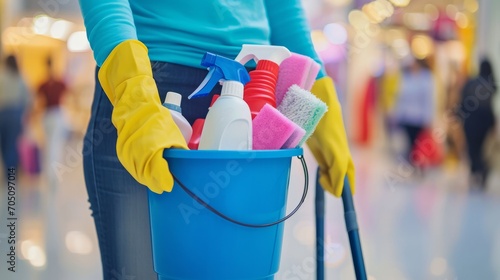 Janitor's Assortment of Cleaning Supplies.
Assorted cleaning supplies in a blue bucket, carried by a janitor.