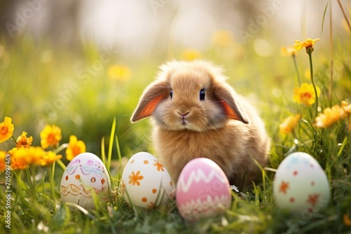 Obraz na płótnie Happy Easter. Cute easter bunny in sunny garden with decorated eggs w salonie