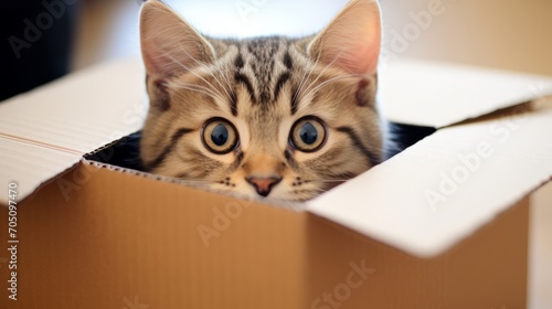 Adorable cat trying to squeeze into a too small cardboard box © Cloudyew