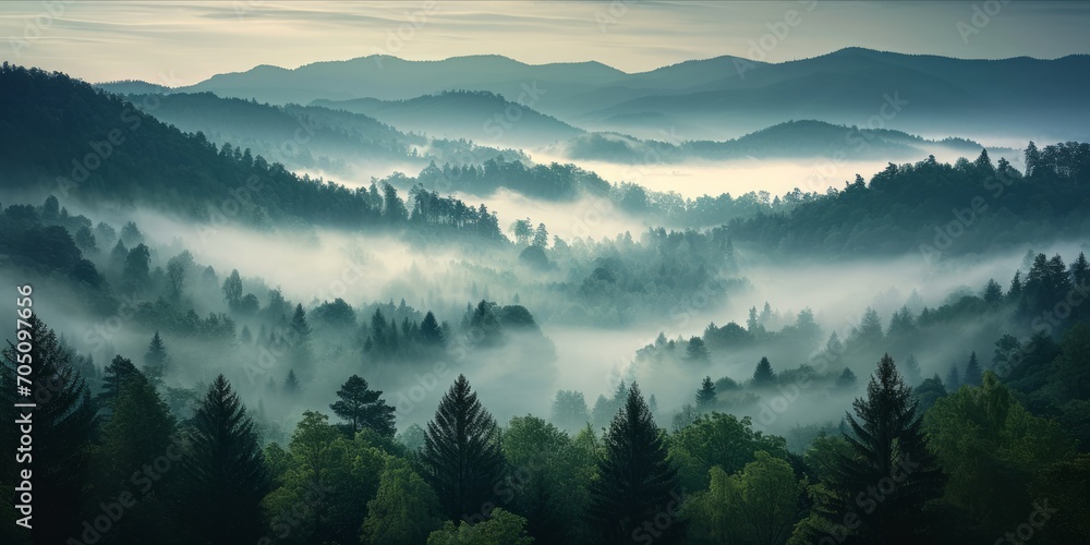Misty forest with layered hills and morning light