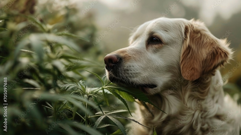 Dog sniffing marijuana leaf. CBD oil is used in veterinary medicine as a sedative and pain reliever. Marijuana pets concept