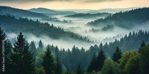 Misty forest with layered hills and morning light
