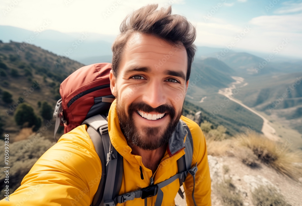 Sportive handsome man taking a selfie during a trekking  in the mountain