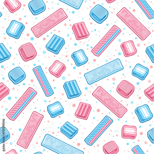 Vector Bubble Gum seamless pattern, decorative repeat background with outline illustration of assorted bubble gums and bright candies, square poster with group of flying candies on white background