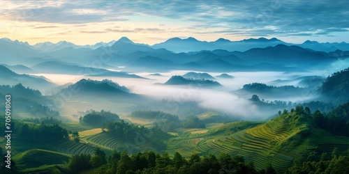 Misty mountainous landscape at sunrise