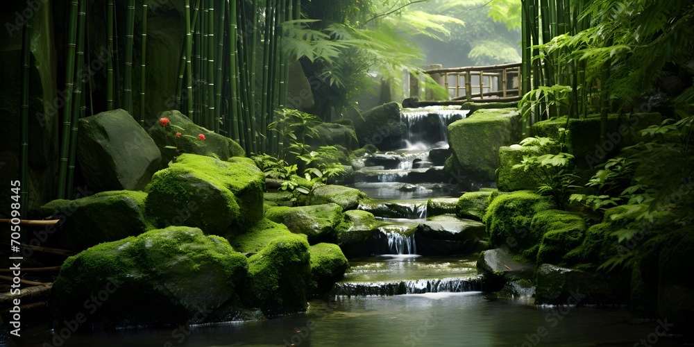spring water in a wild bamboo garden with product display on a sunny rock, idyllic landscape background concept with asian zen spirit for spa, travel, wellness