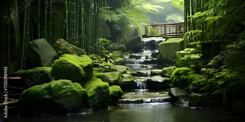spring water in a wild bamboo garden with product display on a sunny rock  idyllic landscape background concept with asian zen spirit for spa  travel  wellness