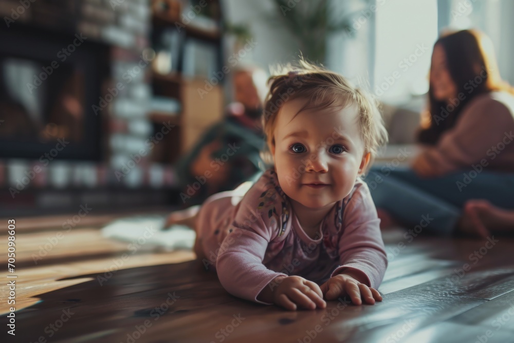 A baby crawling on the floor in a living room. Perfect for capturing the early stages of a child's development. Suitable for parenting articles and advertisements A baby crawling on the floor in a living room. Perfect for capturing the early stages of a child's development. Suitable for parenting articles and advertisements