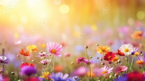 Colorful flower meadow with sunbeams and bokeh lights in summer - nature background banner with copy space - summer greeting card wildflowers spring concept © Sor