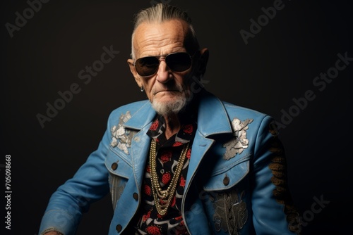 Portrait of an old man in a blue jacket and sunglasses.