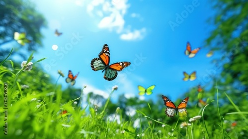 On a patch of green grass, there are twelve butterflies flying, Low angle view, low angle shot, Constructivism