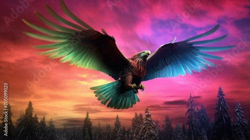 Majestic bird soaring through a vibrant and vivid sky