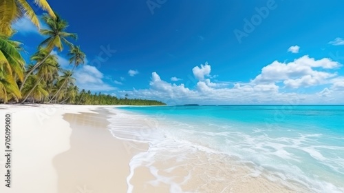 Beautiful tropical beach banner. White sand and coco palms travel tourism wide panorama background concept