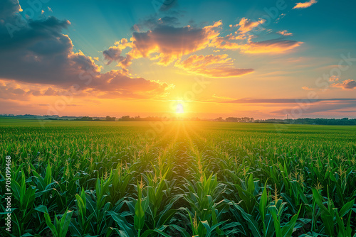 Sunset over corn field with blue sky and clouds photo