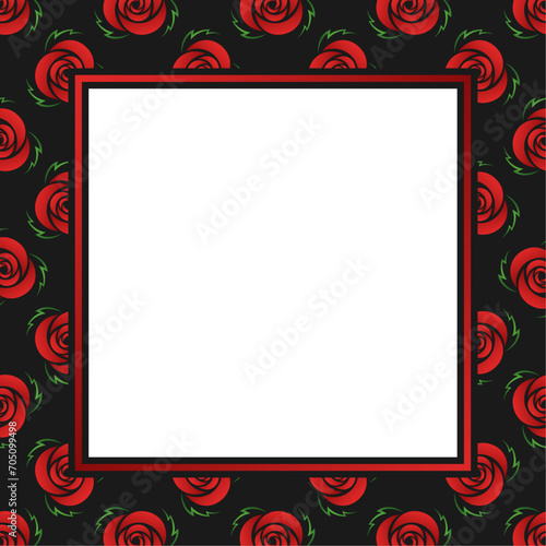 Vector square frame with copy space. Red gradient rose flowers and green leves on black background.