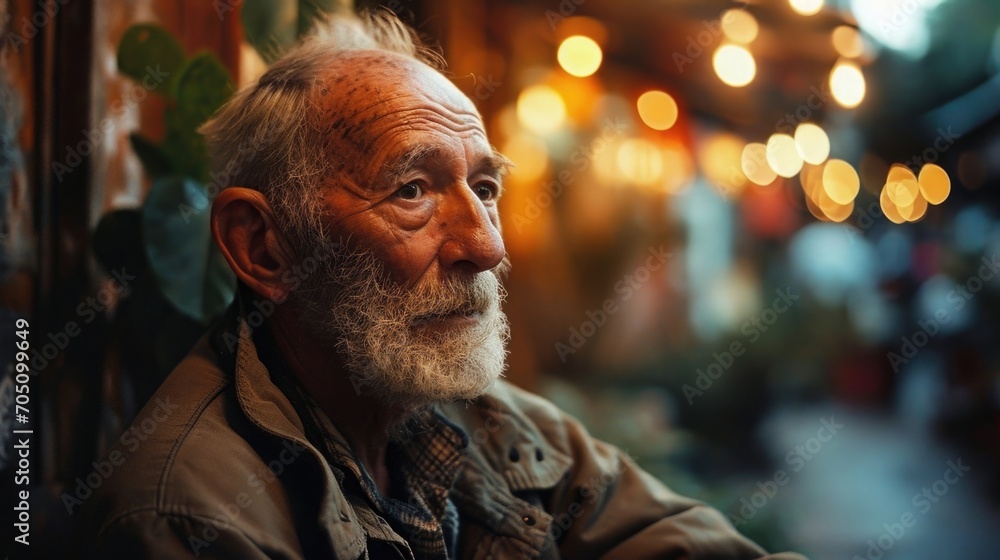 photo of an elderly man in night time outdoors.