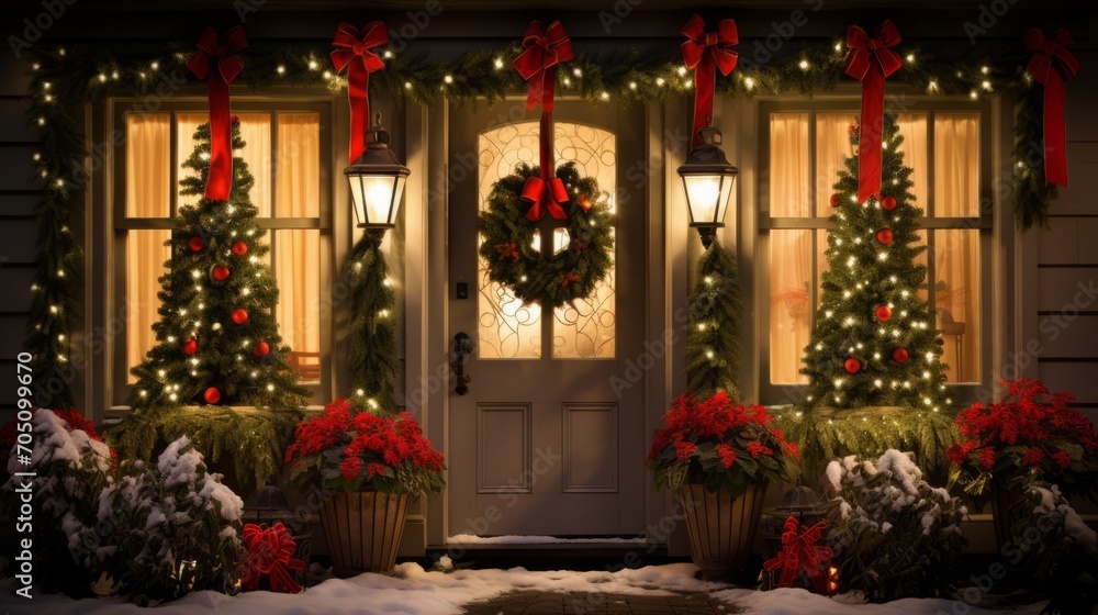 Classic Yuletide scene with evergreen wreaths and presents