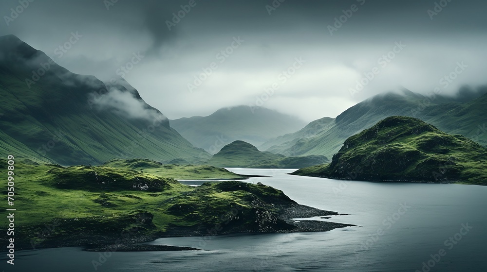 Rugged scottish landscape with rolling hills and a misty loch - obrazy, fototapety, plakaty 
