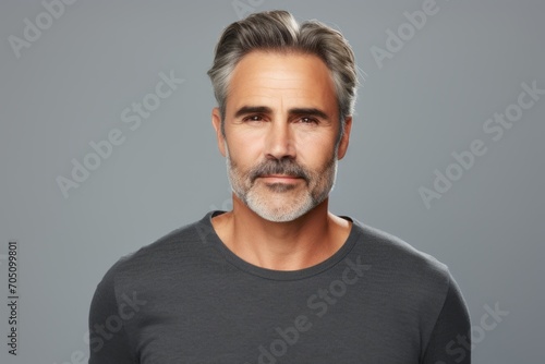 Handsome middle-aged man with grey hair and beard. Studio shot over grey background.