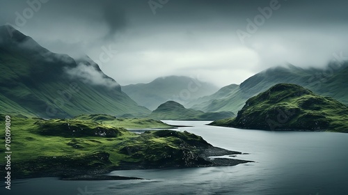 Rugged scottish landscape with rolling hills and a misty loch photo
