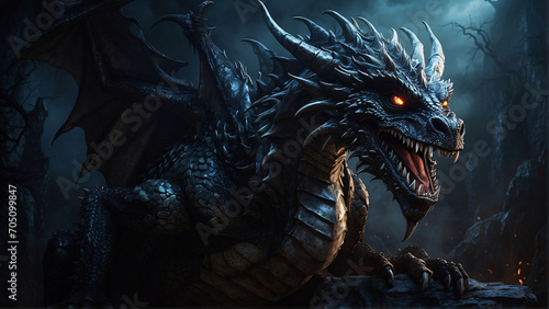 Creepy dragon expression on dark background © Malini