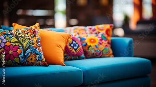 Brightly colored cushions arranged artistically on a sleek sofa photo
