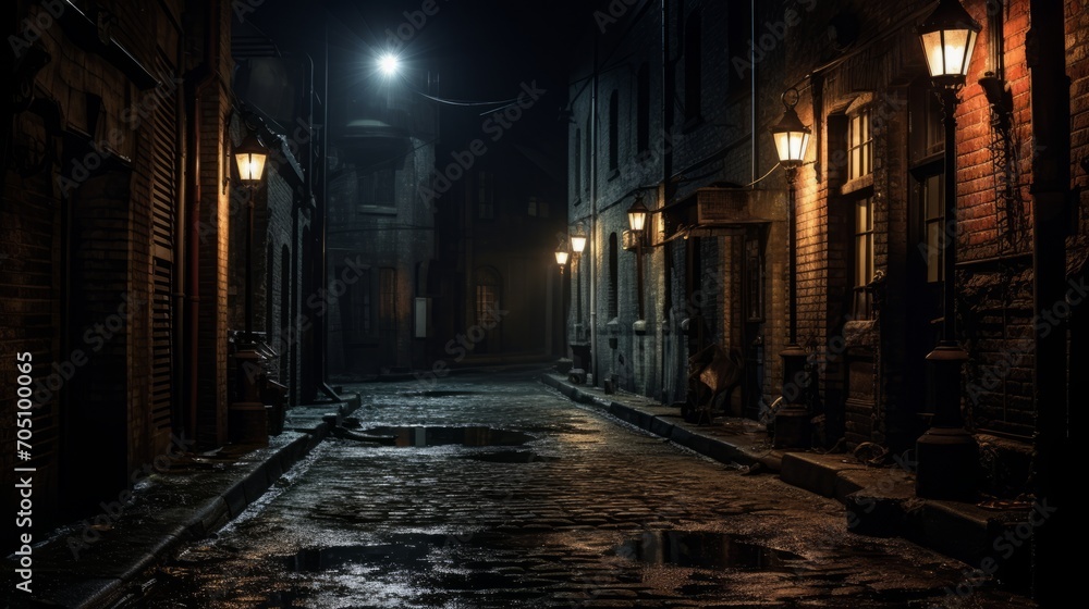 Dark alleyway in a haunted town with eerie lantern light