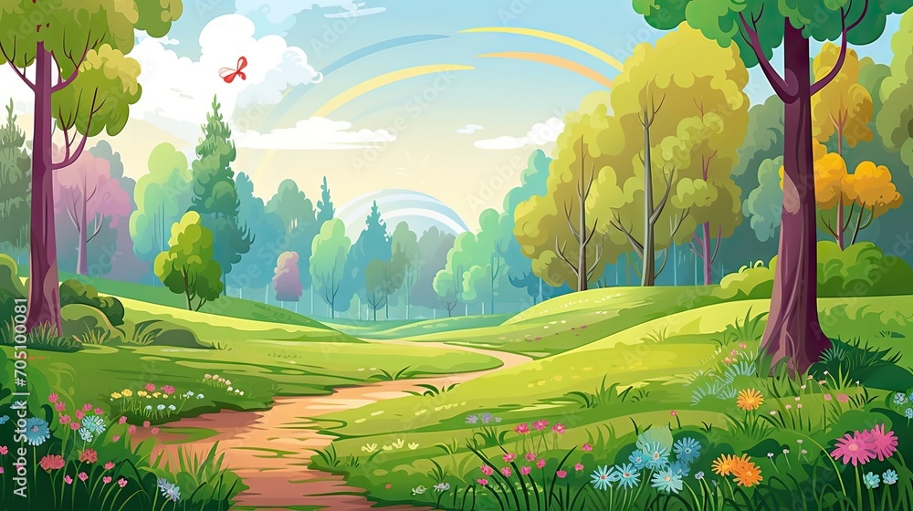 Spring landscape of forest with trees grass nature valley park with meadow and flowers field in spring with rainbow cartoon vector art illustration background  