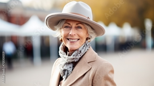 Lady wearing fancy hat arrive at Racecourse. Vogue hi fashion England style. © PaulShlykov