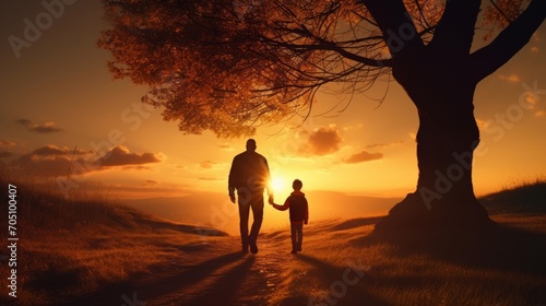 Joyful father-son bonding in park at sunset with tree silhouette backdrop #705100407