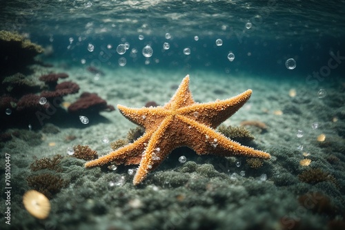 A dreamy and ethereal starfish resting on the ocean floor, surrounded by a halo of shimmering bubbles and delicate sea creatures © LIFE LINE