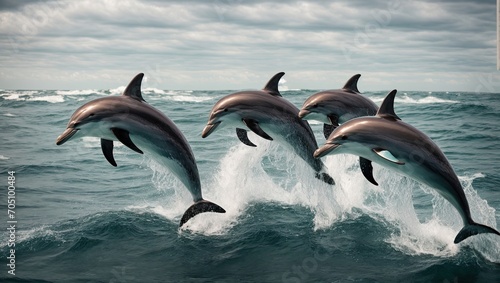 A group of energetic dolphins frolicking in the ocean, their graceful movements creating a beautiful dance as they jump over the rolling waves