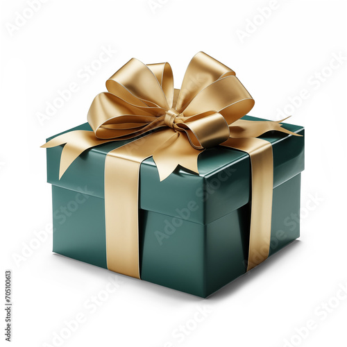 Elegant green gift box with golden ribbon isolated on transparent background, with shadows