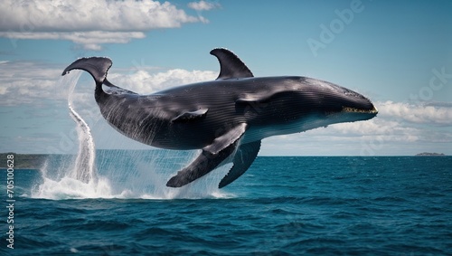 A majestic baby humpback whale gracefully dances in the crystal blue waters 