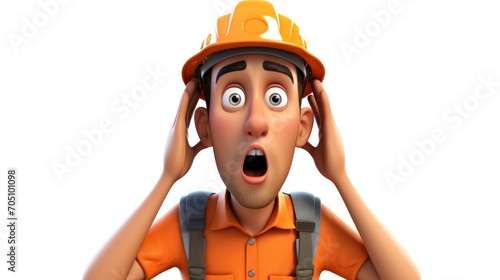 cartoon style, suprised and confused construction worker , white background photo
