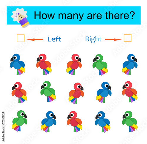 Left or Right. Educational game for kids. Count how many parrots are turned left and how many are turned right.