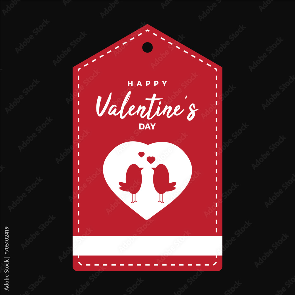 Valentine's day tag.  bird and hearts. Happy Valentine's day concept. Hand drawn vector illustration in white and red colors