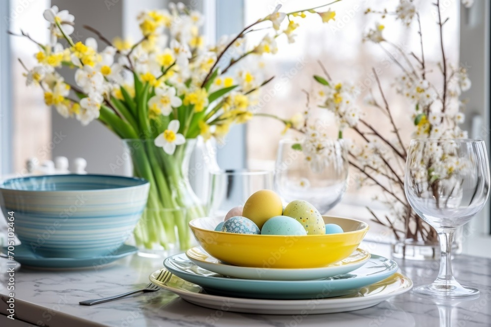 A bouquet of spring flowers and Easter eggs on the table in modern bright kitchen. Beautiful Happy Easter greeting card.