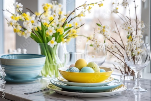 Obraz na płótnie A bouquet of spring flowers and Easter eggs on the table in modern bright kitchen. Beautiful Happy Easter greeting card. w salonie